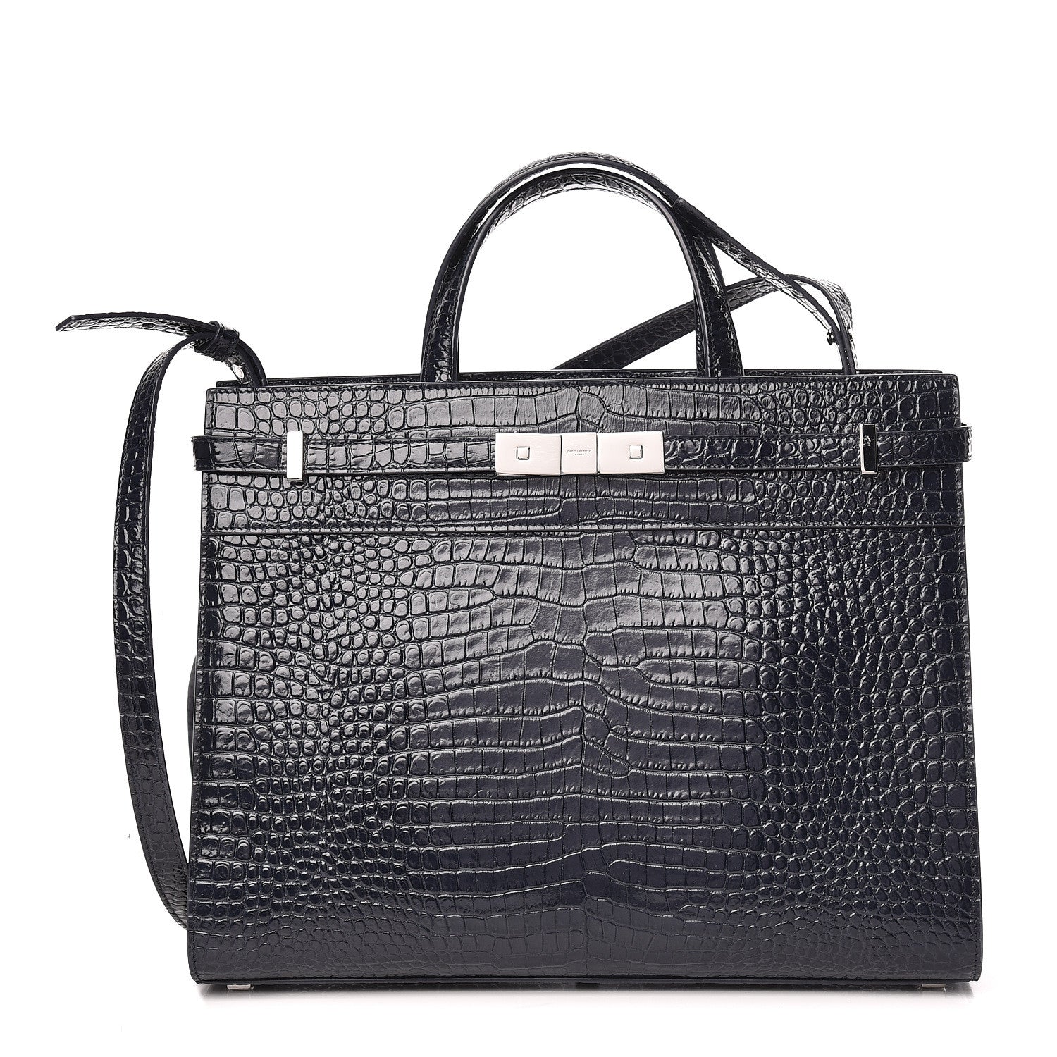 Saint Laurent Shiny Calfskin Crocodile Embossed Small Manhattan Shopper Tote Deep Marine 1 of 10