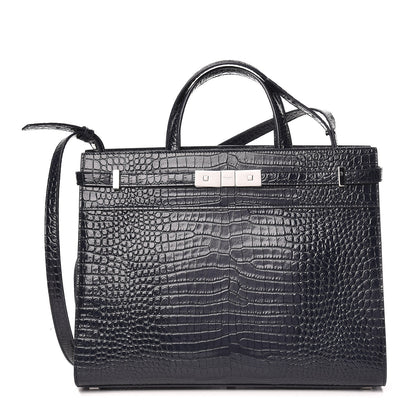 Saint Laurent Shiny Calfskin Crocodile Embossed Small Manhattan Shopper Tote Deep Marine 1 of 10