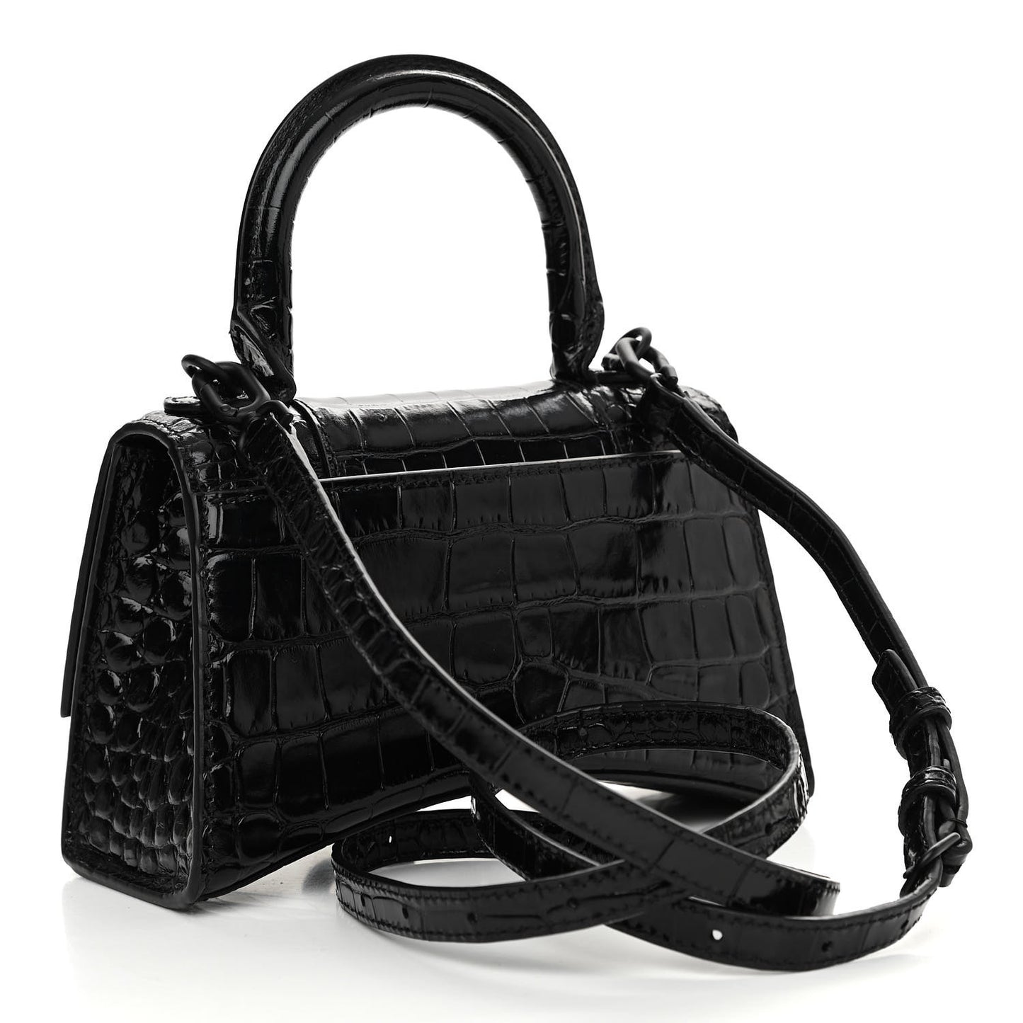 Shiny Calfskin Monochrome Crocodile Embossed Hourglass Top Handle Bag XS Black