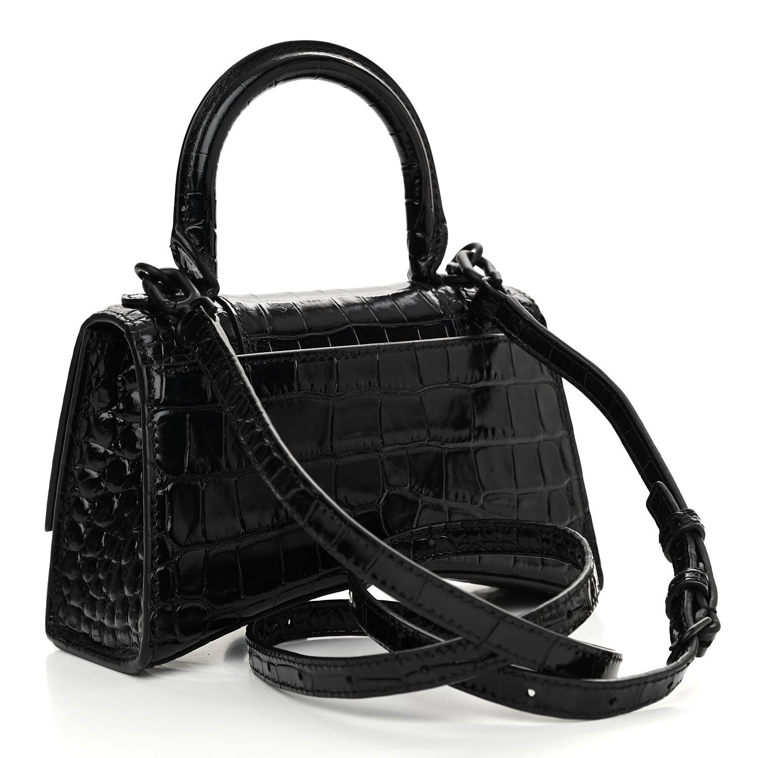 Balenciaga Shiny Calfskin Monochrome Crocodile Embossed Hourglass Top Handle Bag XS Black 3 of 12