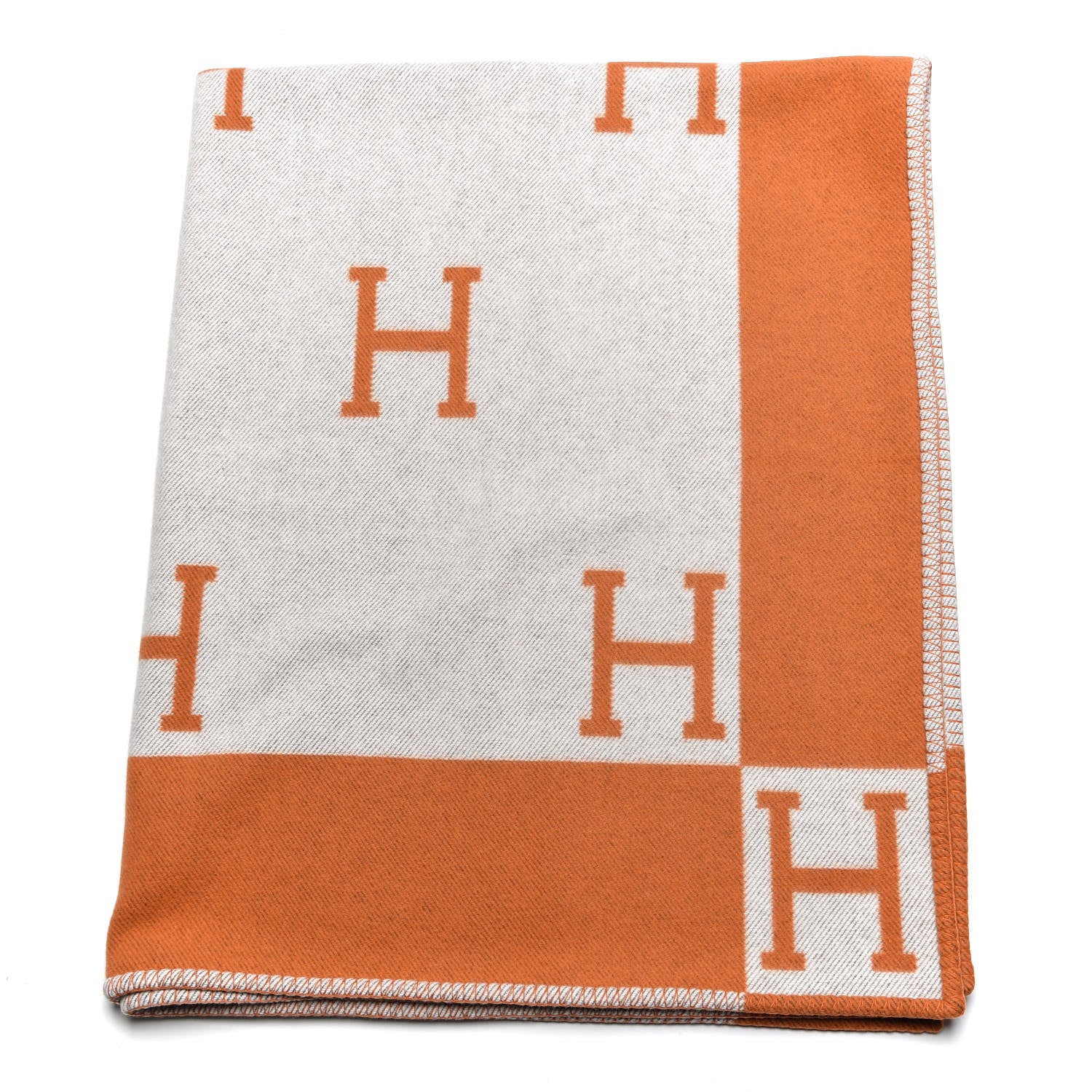 Hermes Wool Cashmere Signature Classic Avalon Blanket Ecru Potiron 1 of 5