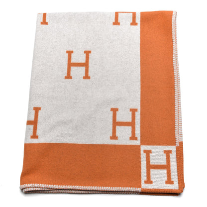 Hermes Wool Cashmere Signature Classic Avalon Blanket Ecru Potiron 1 of 5