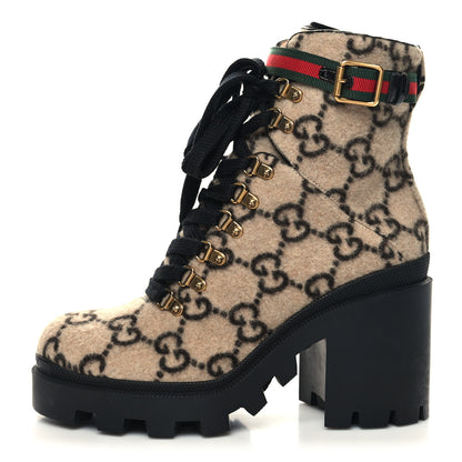 Gucci Covered Wool GG Monogram Womens Lace Up Combat Ankle Boots 40 Beige Ebony Black 1 of 9