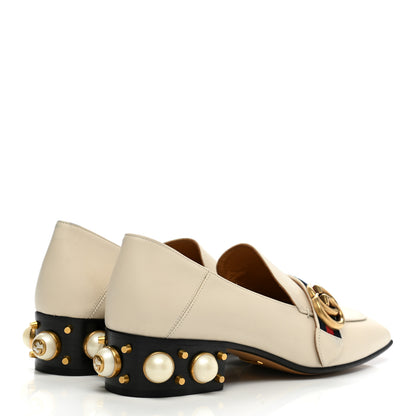 Gucci Betis Glamour Calfskin Web Pearl Embellished Peyton 35mm Loafer Pumps 38 Mystic White 4 of 12
