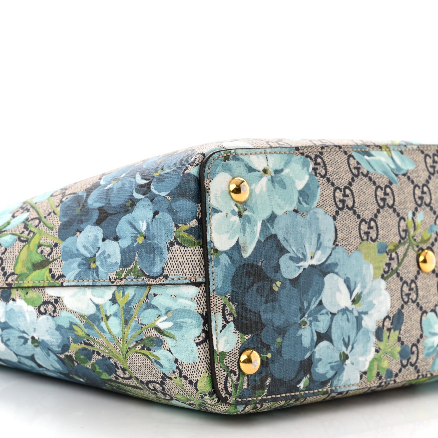 Gucci GG Supreme Monogram Blooms Medium Zippered Bucket Tote Beige Blue Navy Hibiscus Red 9 of 13