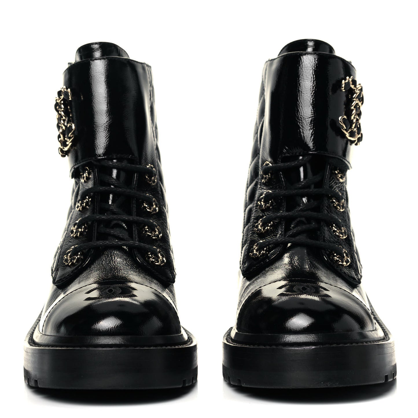 Shiny Calfskin Quilted Lace Up Combat Boots 37 Black