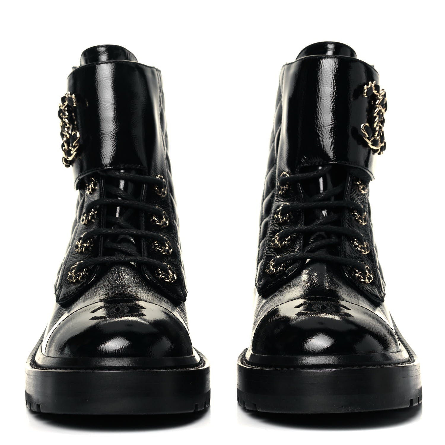 Chanel Shiny Calfskin Quilted Lace Up Combat Boots 37 Black 2 of 7