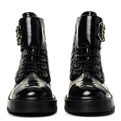 Chanel Shiny Calfskin Quilted Lace Up Combat Boots 37 Black 2 of 7