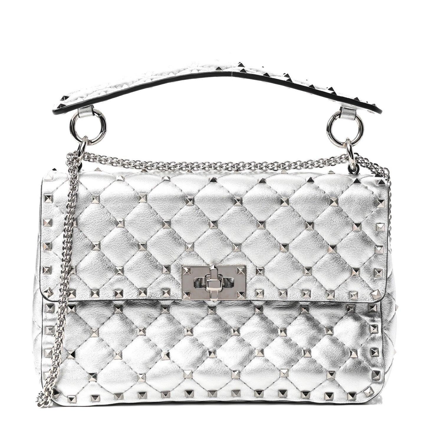 Metallic Nappa Medium Rockstud Spike Shoulder Bag Silver