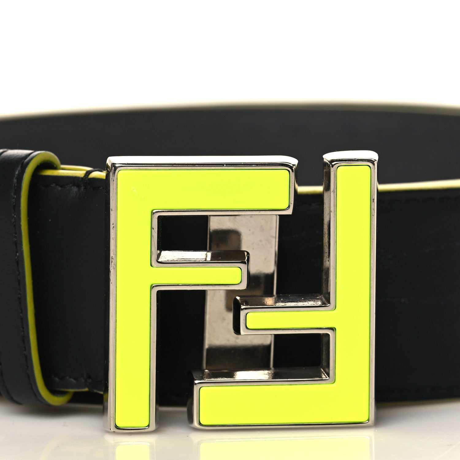 Fendi Vitello Century Elite Enamel FF Buckle Belt 100 40 Black Giallo Fluo 2 of 7