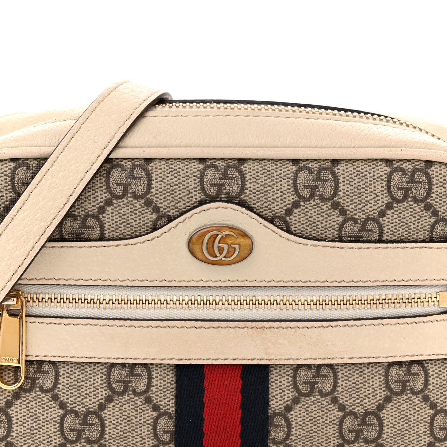GG Supreme Monogram Textured Calfskin Web Mini Ophidia Shoulder Bag Beige Ebony Mystic White