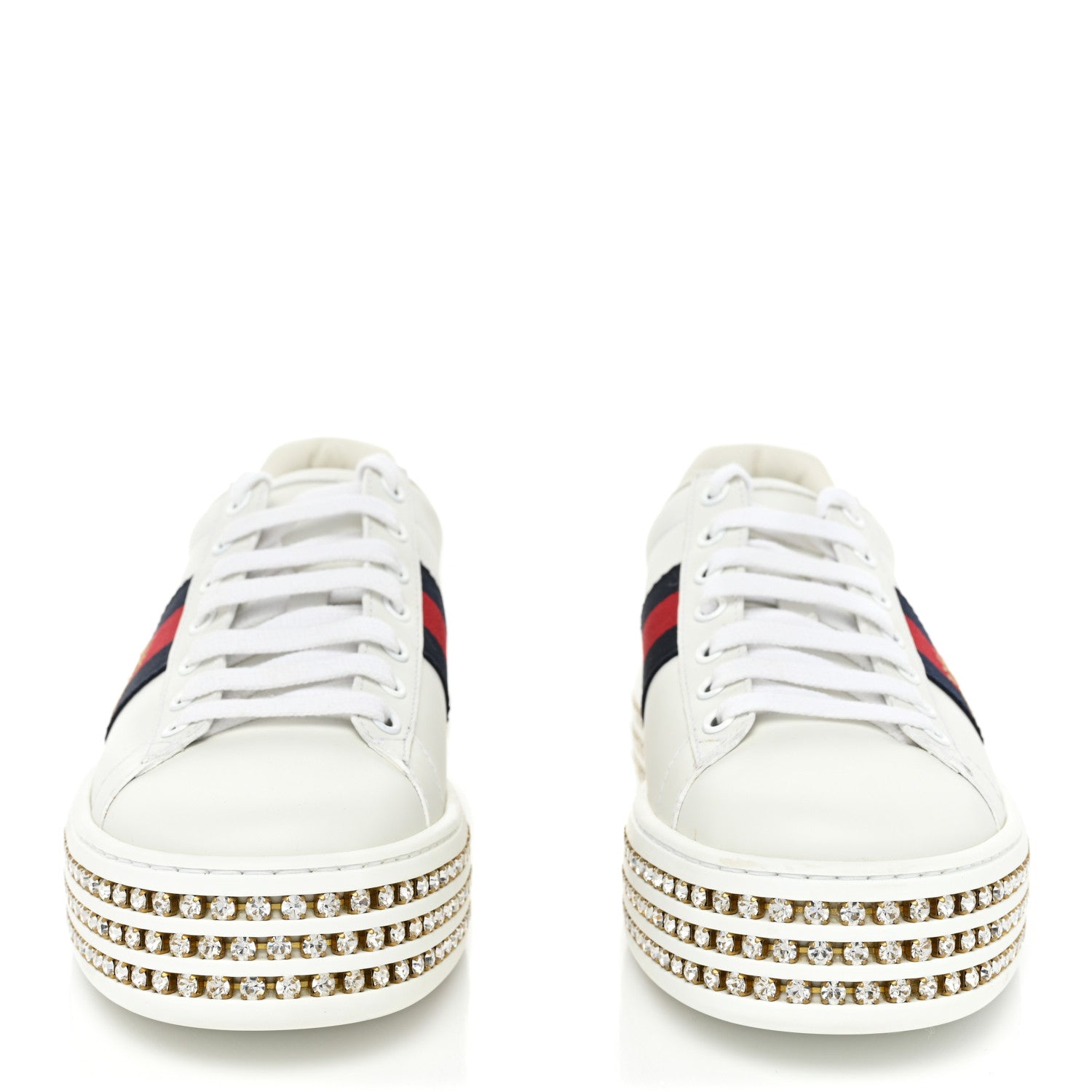 Gucci Calfskin Crystal Web Bee Embroidered Womens Ace Platform Sneakers 38 White 2 of 10