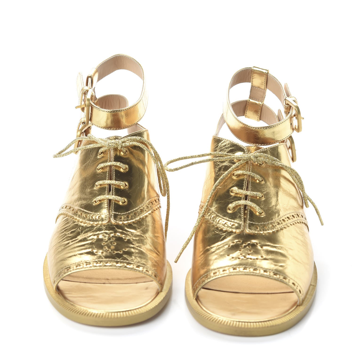 Chanel Metallic Calfskin CC Brogue Lace Up Ankle Strap Oxford Peep Toe Sandals 40 Gold 2 of 8