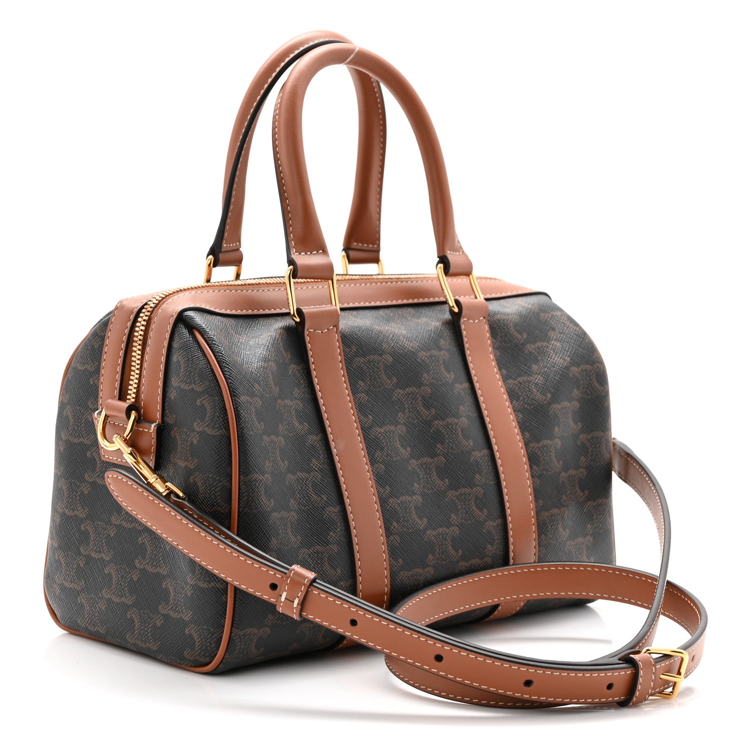 Celine Triomphe Canvas Calfskin Medium Boston Bag Tan 4 of 21