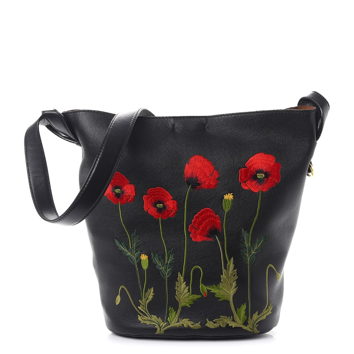 Eco Alter Nappa Embroidered Flower Bucket Bag Black