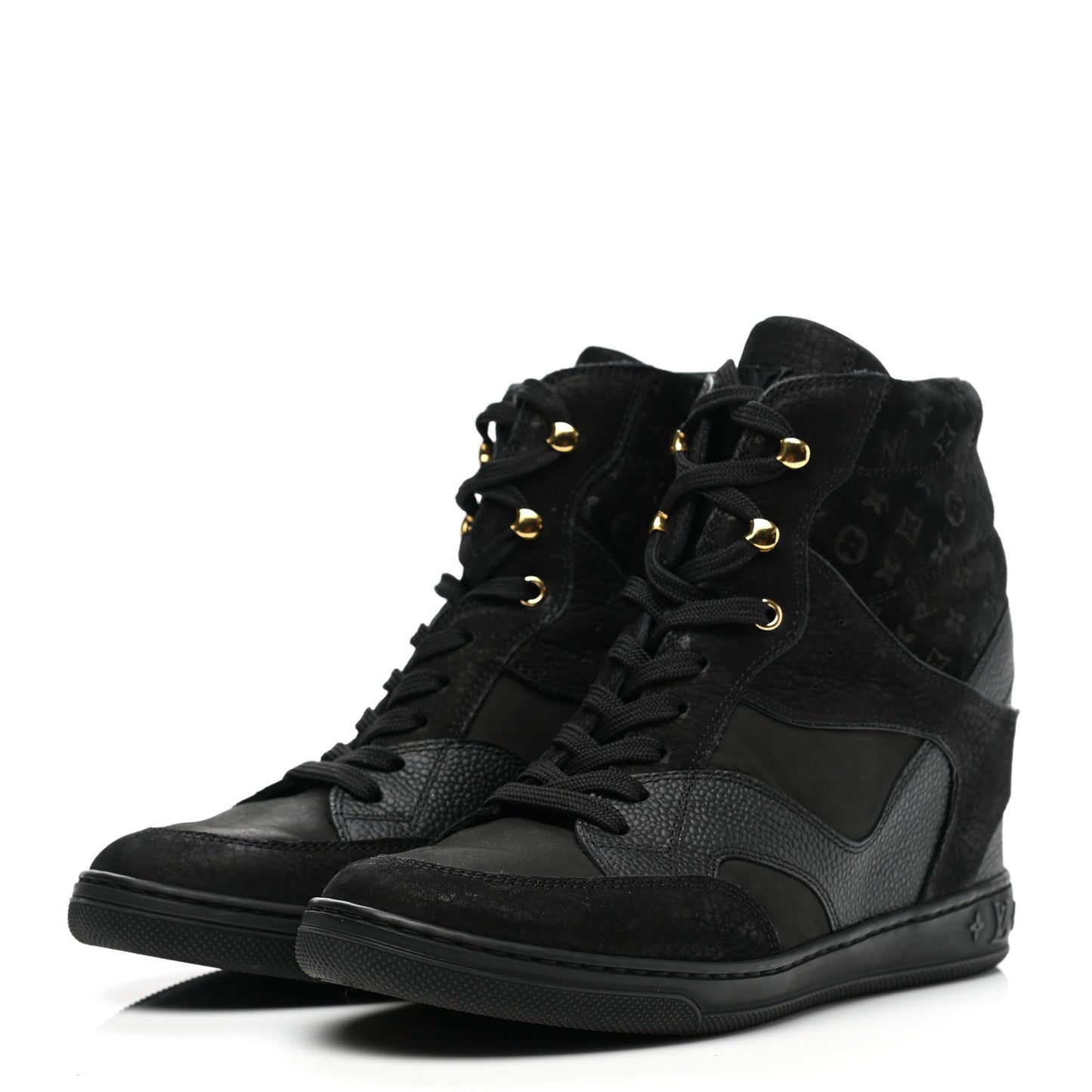Calfskin Suede Monogram Cliff Top Wedge Sneakers 38 Navy