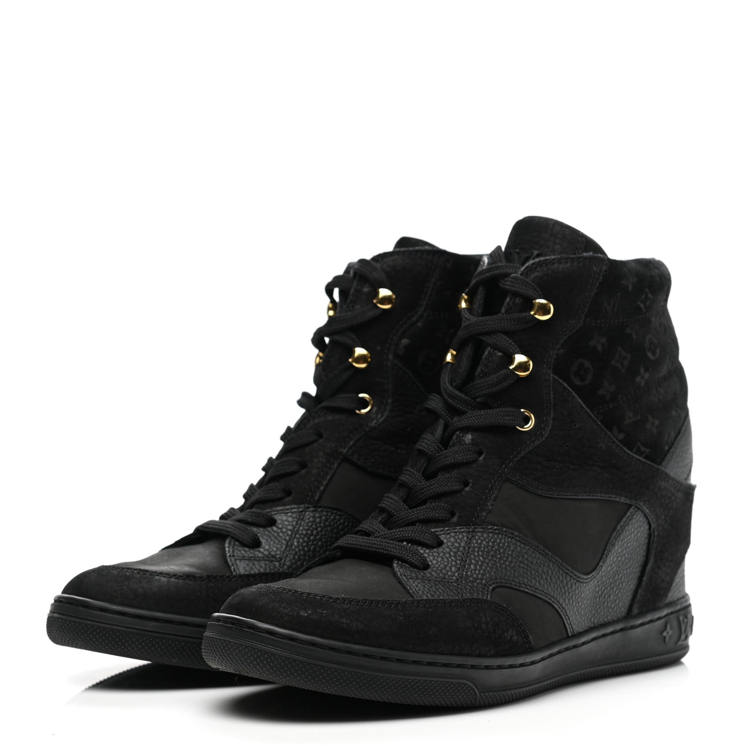 Louis Vuitton Calfskin Suede Monogram Cliff Top Wedge Sneakers 38 Navy 3 of 10