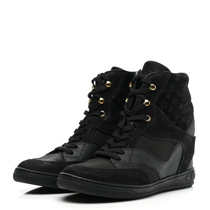 Louis Vuitton Calfskin Suede Monogram Cliff Top Wedge Sneakers 38 Navy 3 of 10