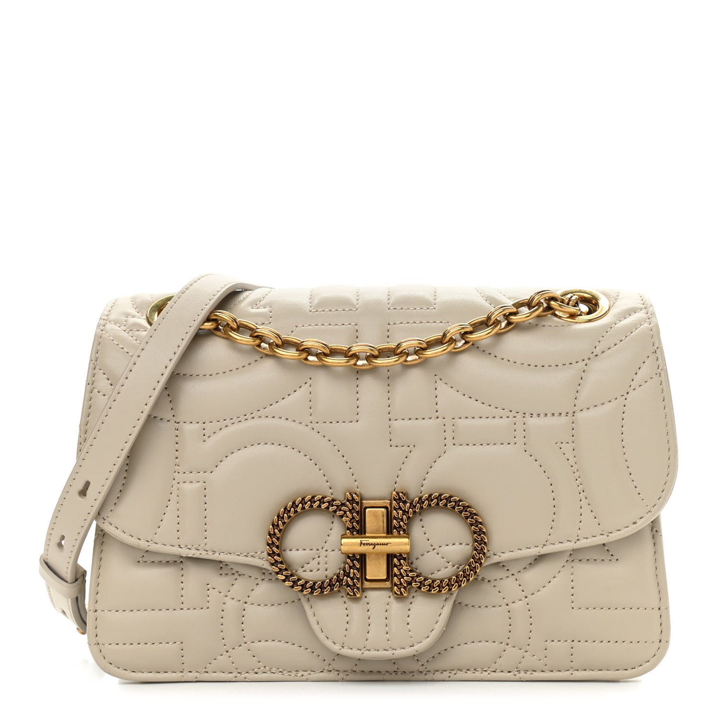 Calfskin Quilted Gancini Flap Bag Peony