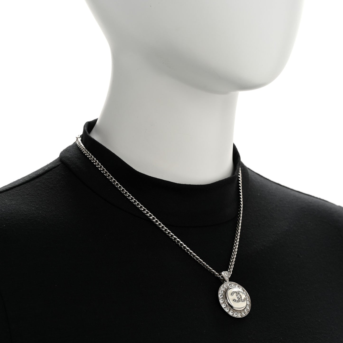 Crystal Enamel CC Pendant Necklace Silver White