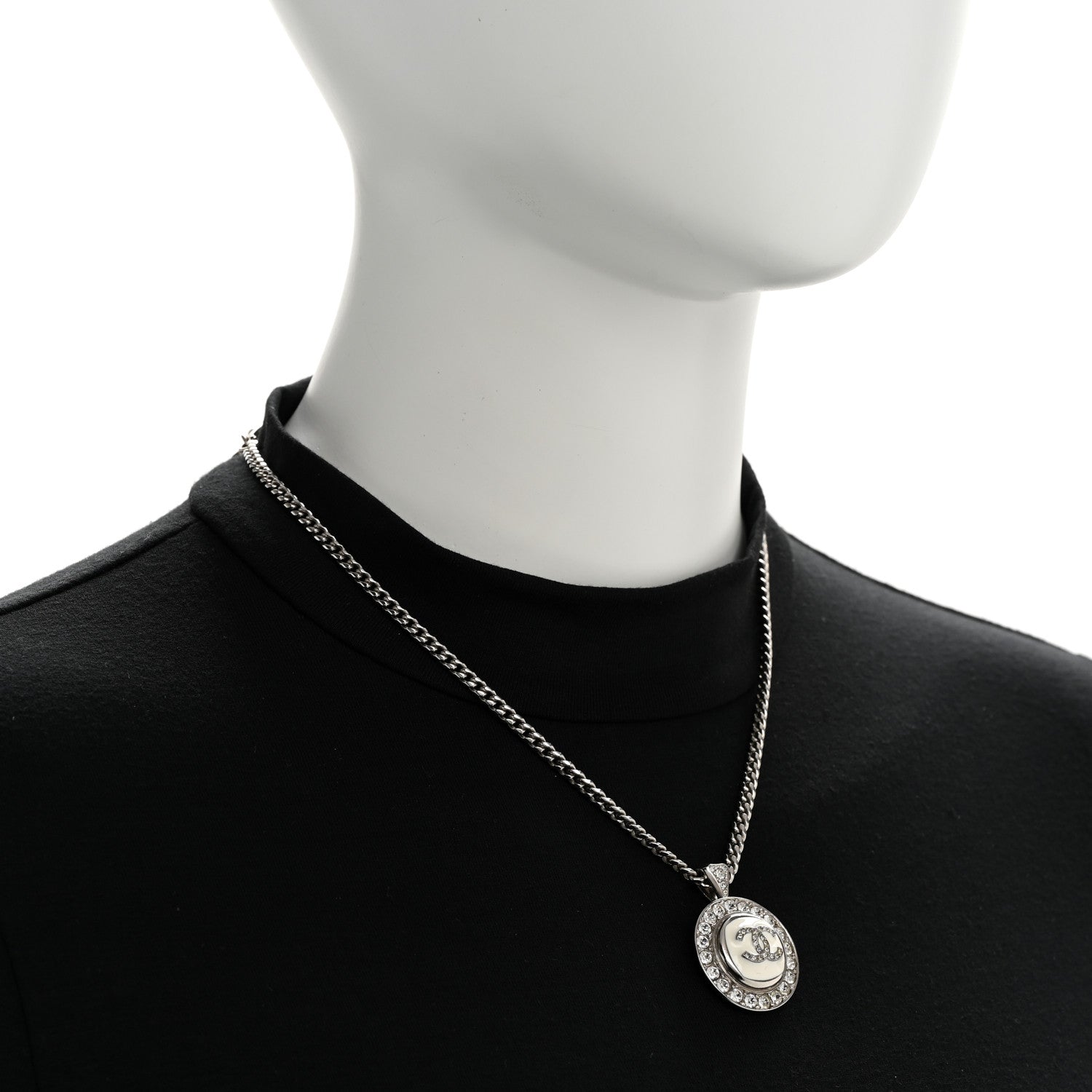 Chanel Crystal Enamel CC Pendant Necklace Silver White 2 of 6