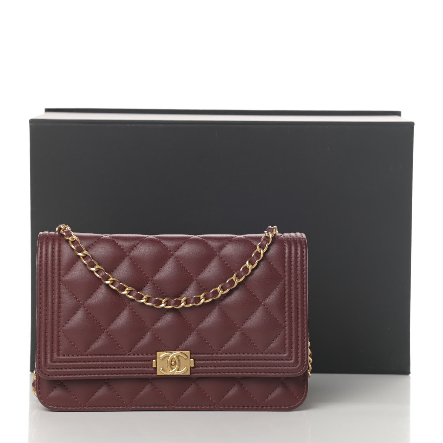 Chanel Lambskin Quilted Boy Wallet On Chain WOC Burgundy 15 of 15