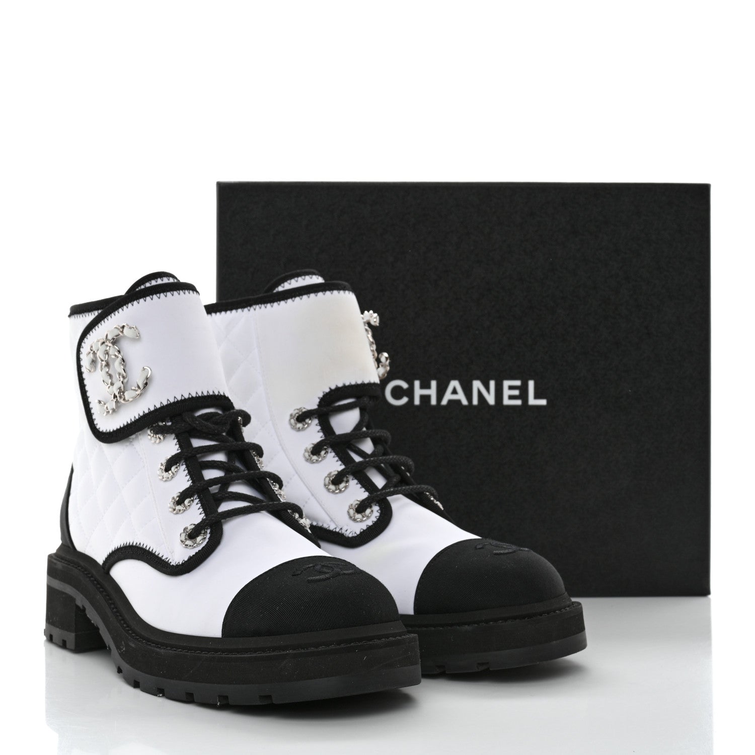 Chanel Fabric Grosgrain Quilted Cap Toe Lace Up Combat Boots 39 Black White 11 of 11