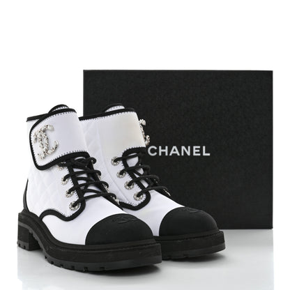 Chanel Fabric Grosgrain Quilted Cap Toe Lace Up Combat Boots 39 Black White 11 of 11