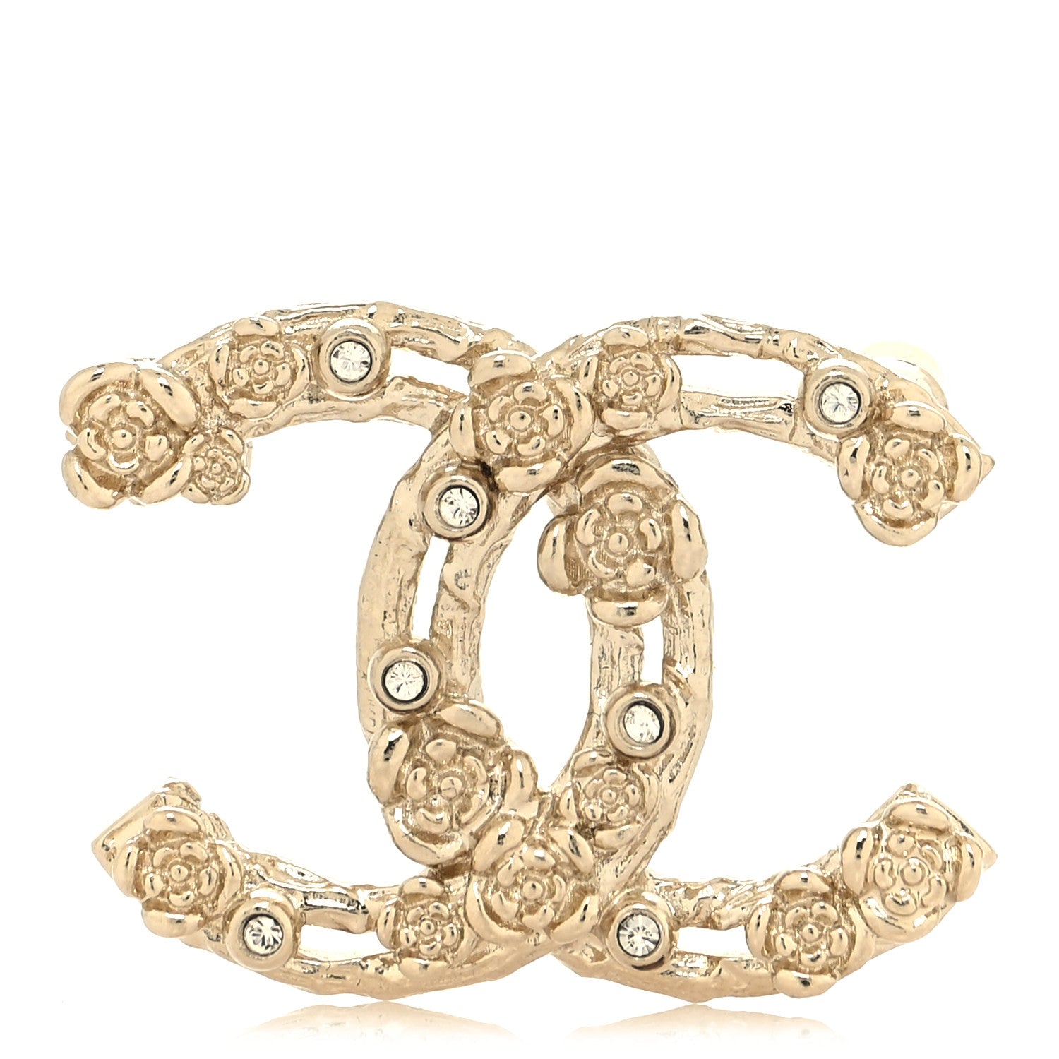 Chanel Metal Crystal Camellia CC Brooch Light Gold 1 of 3