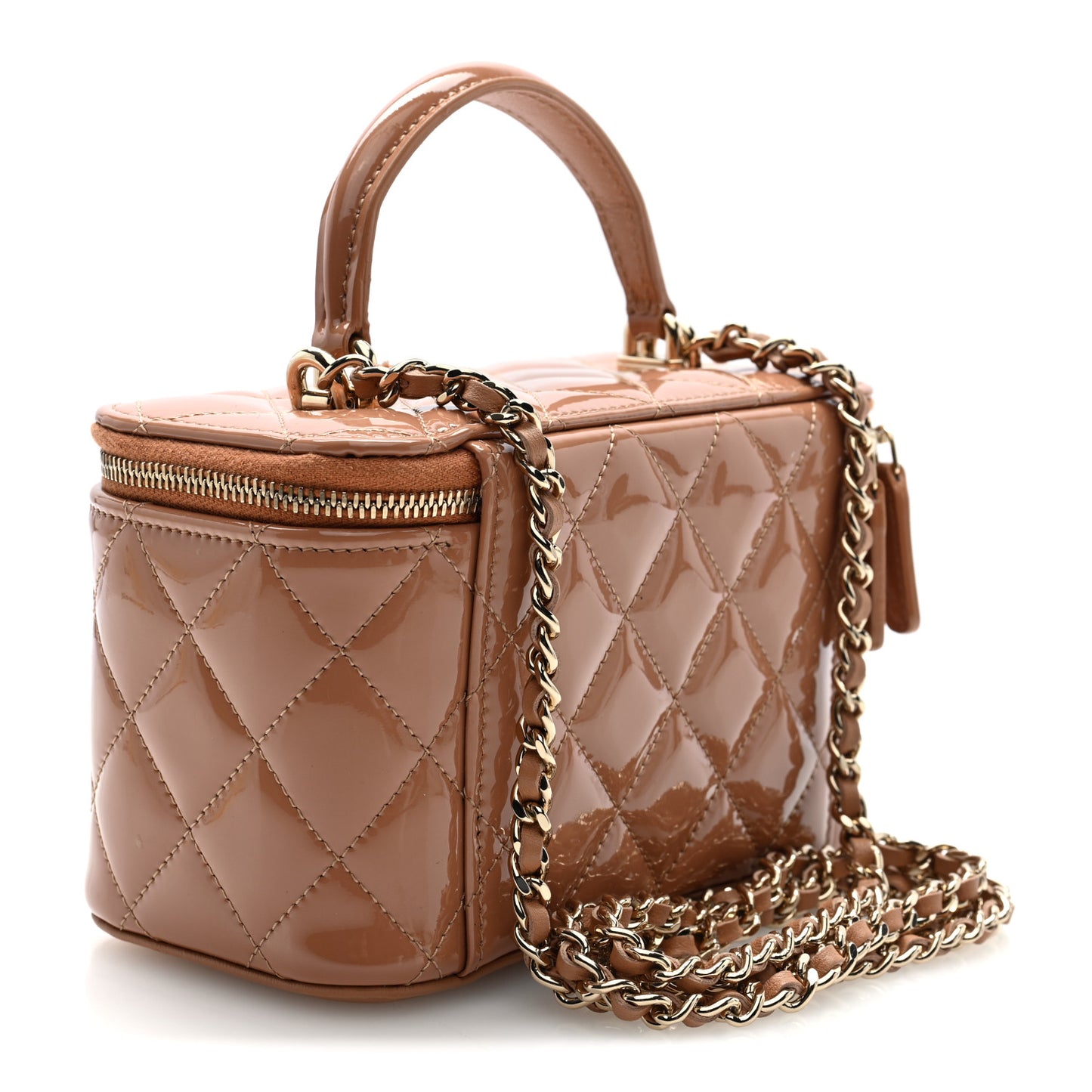 Patent Quilted Quilted Small Top Handle Vanity Case With Chain Dark Beige