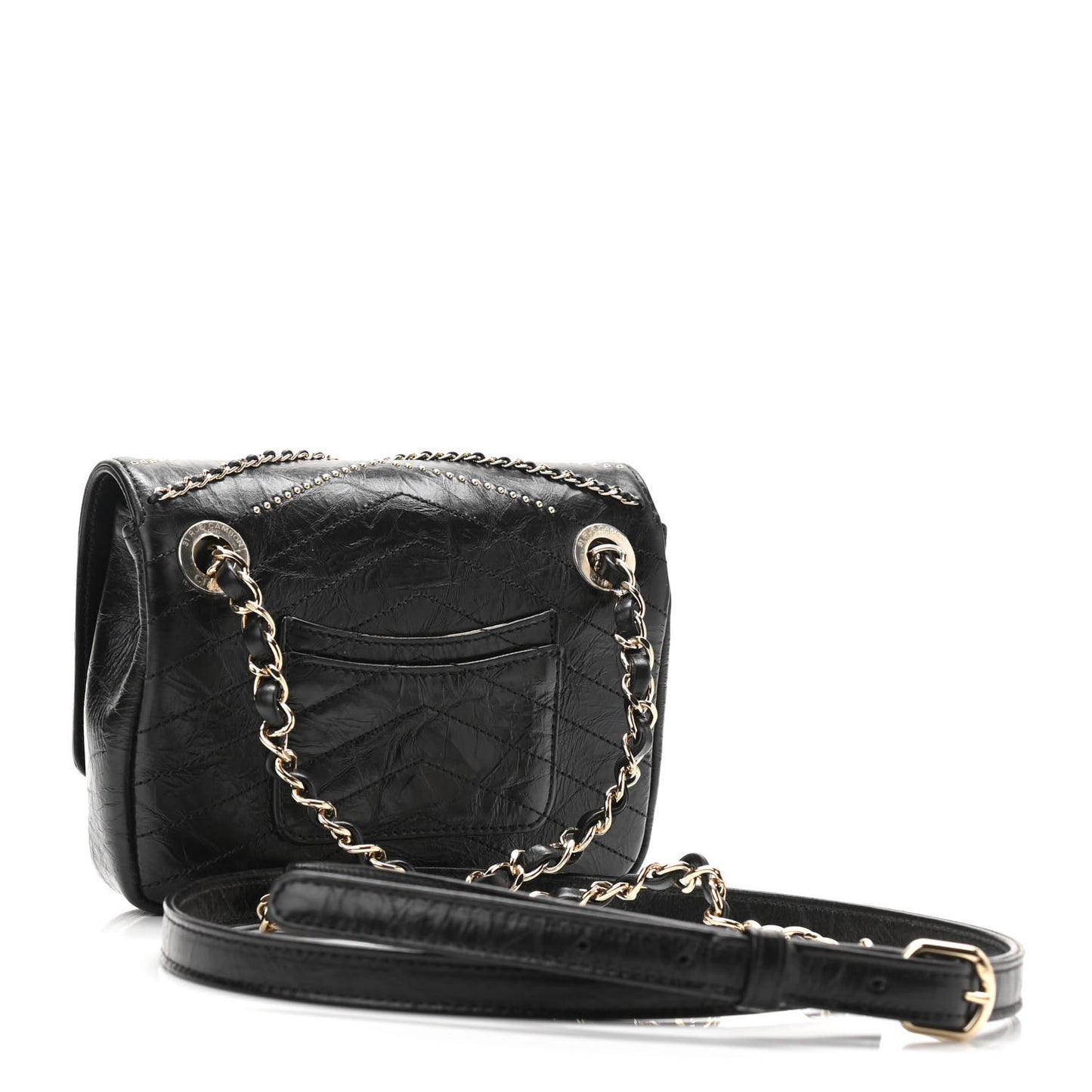Crumpled Calfskin Chevron Chain Mini Square Flap Black