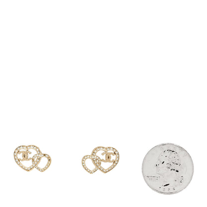 Chanel Crystal Metal CC Double Heart Earrings Gold 2 of 6