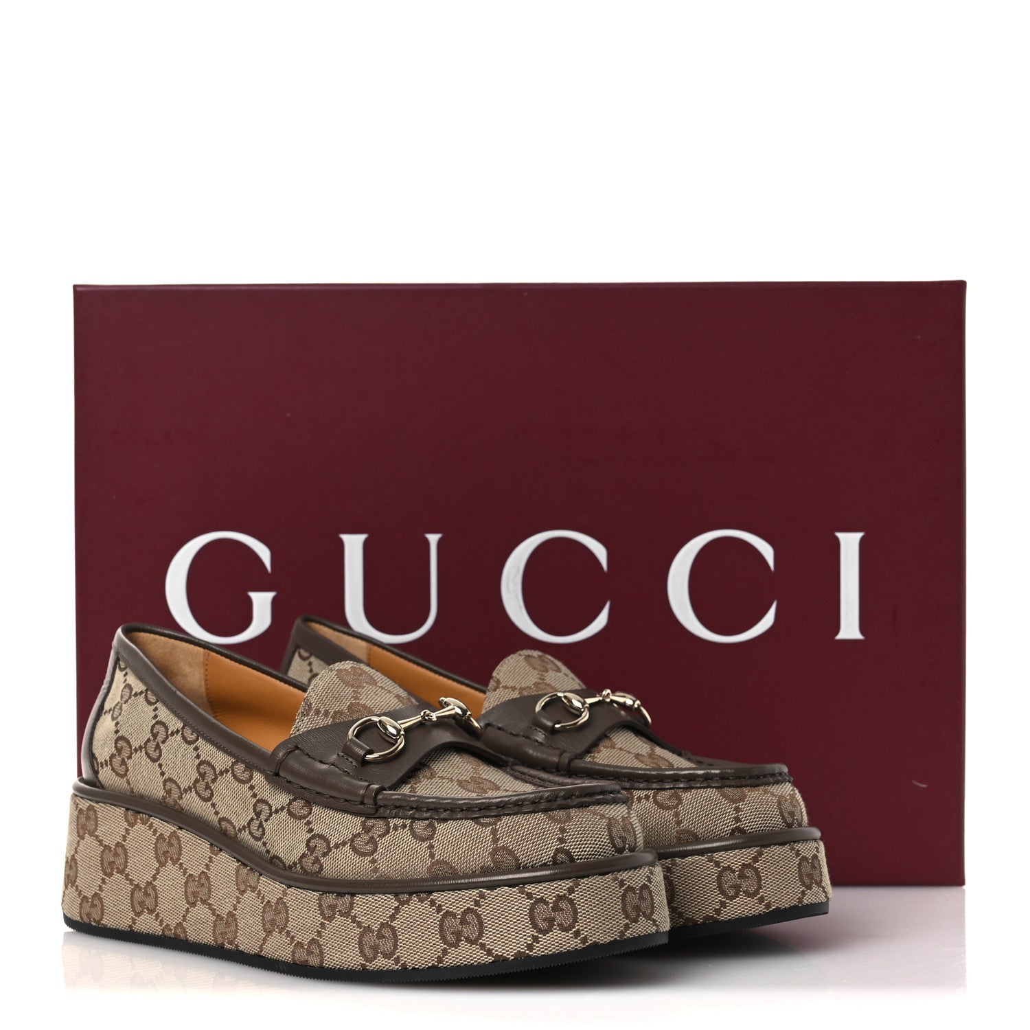 Gucci Monogram Horsebit Calfskin Womens Horsebit Wedge Platform