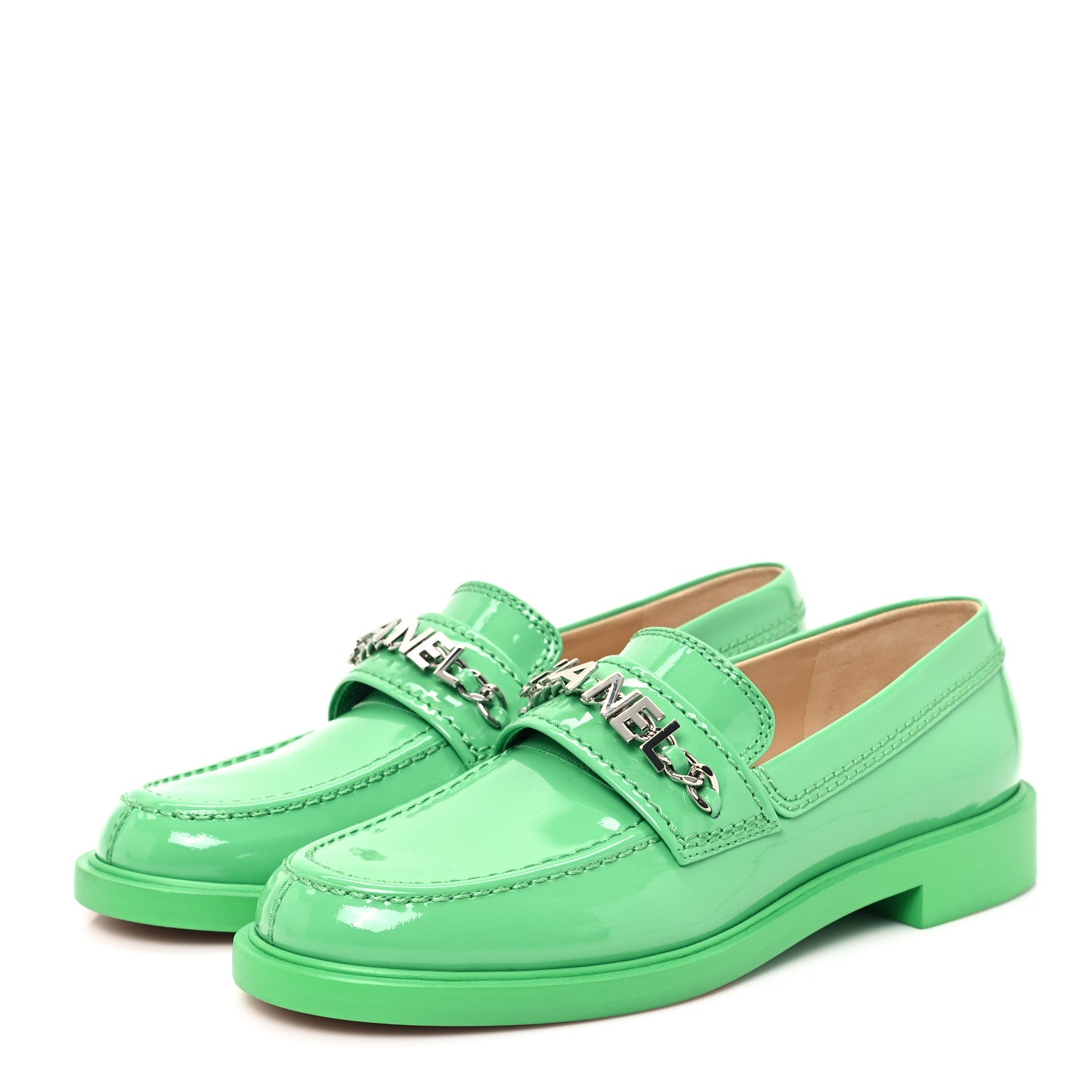 Chanel Patent Calfskin Logo Loafers 37 Green 4 of 10