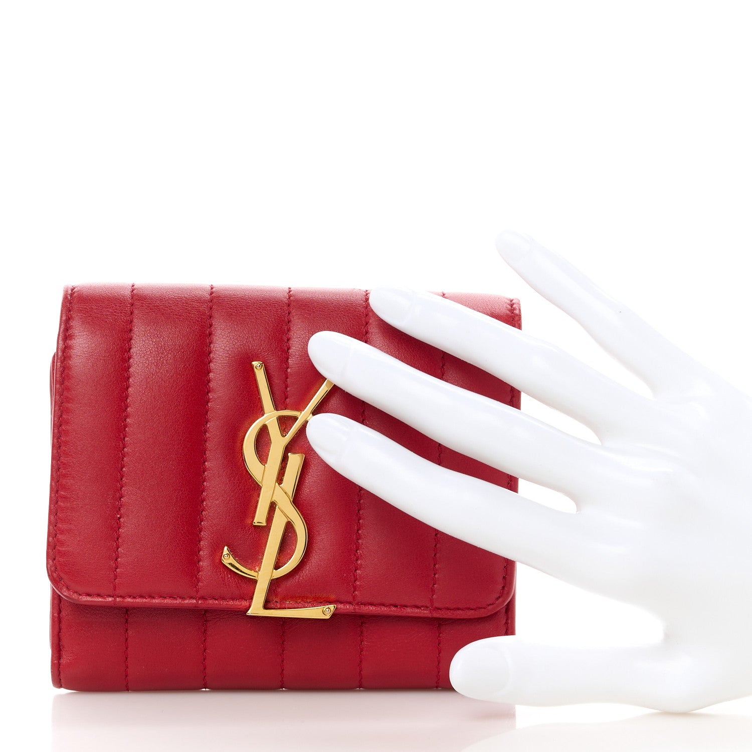 Saint Laurent Lambskin Matelasse Monogram Vicky Tri-Fold Wallet Rouge Eros 2 of 14