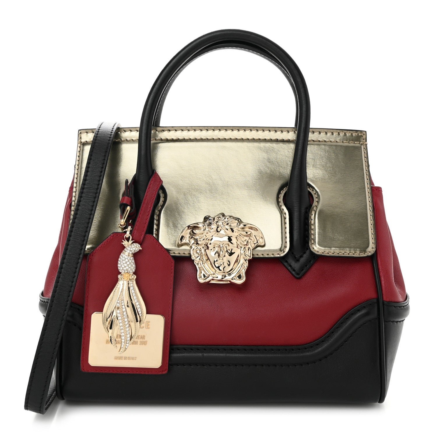 Versace Metallic Grained Calfskin Medium Palazzo Empire Bag Gold Red Black 1 of 10