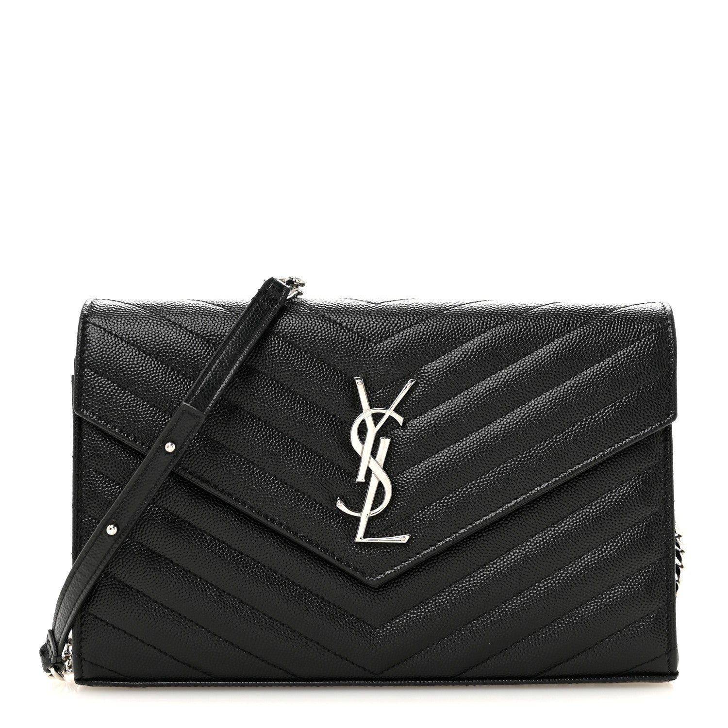 Saint Laurent Grain De Poudre Matelasse Chevron Monogram Chain Wallet Black 1 of 13
