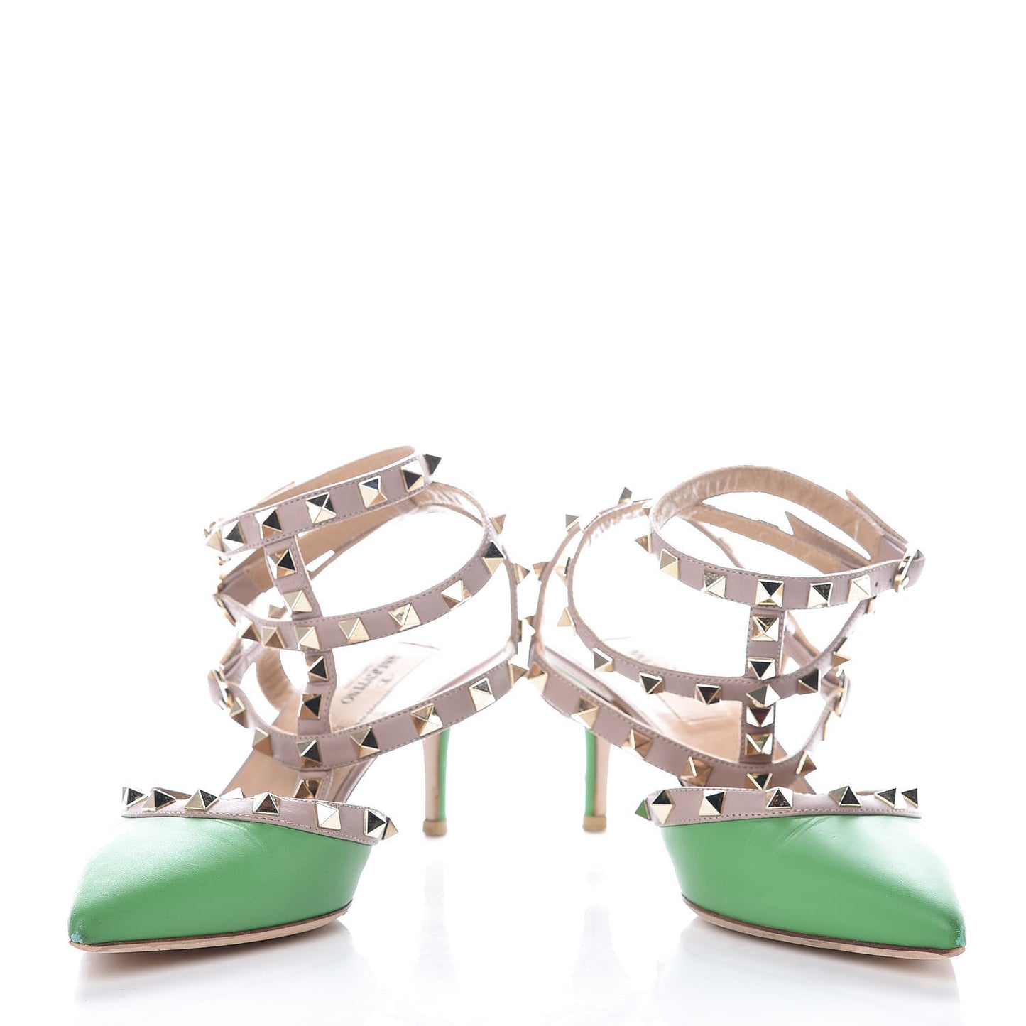 Calfskin Nappa Rockstud Ankle Strap 65mm Pumps 37 Green Poudre