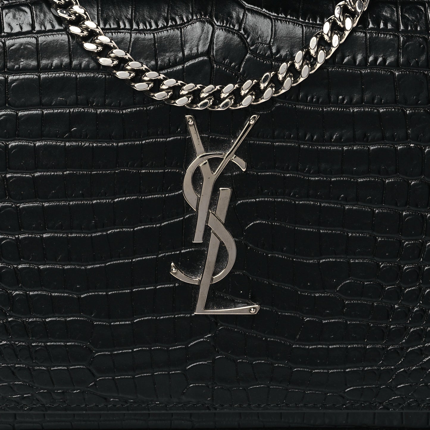 Calfskin Crocodile Embossed Monogram Chain Wallet Black