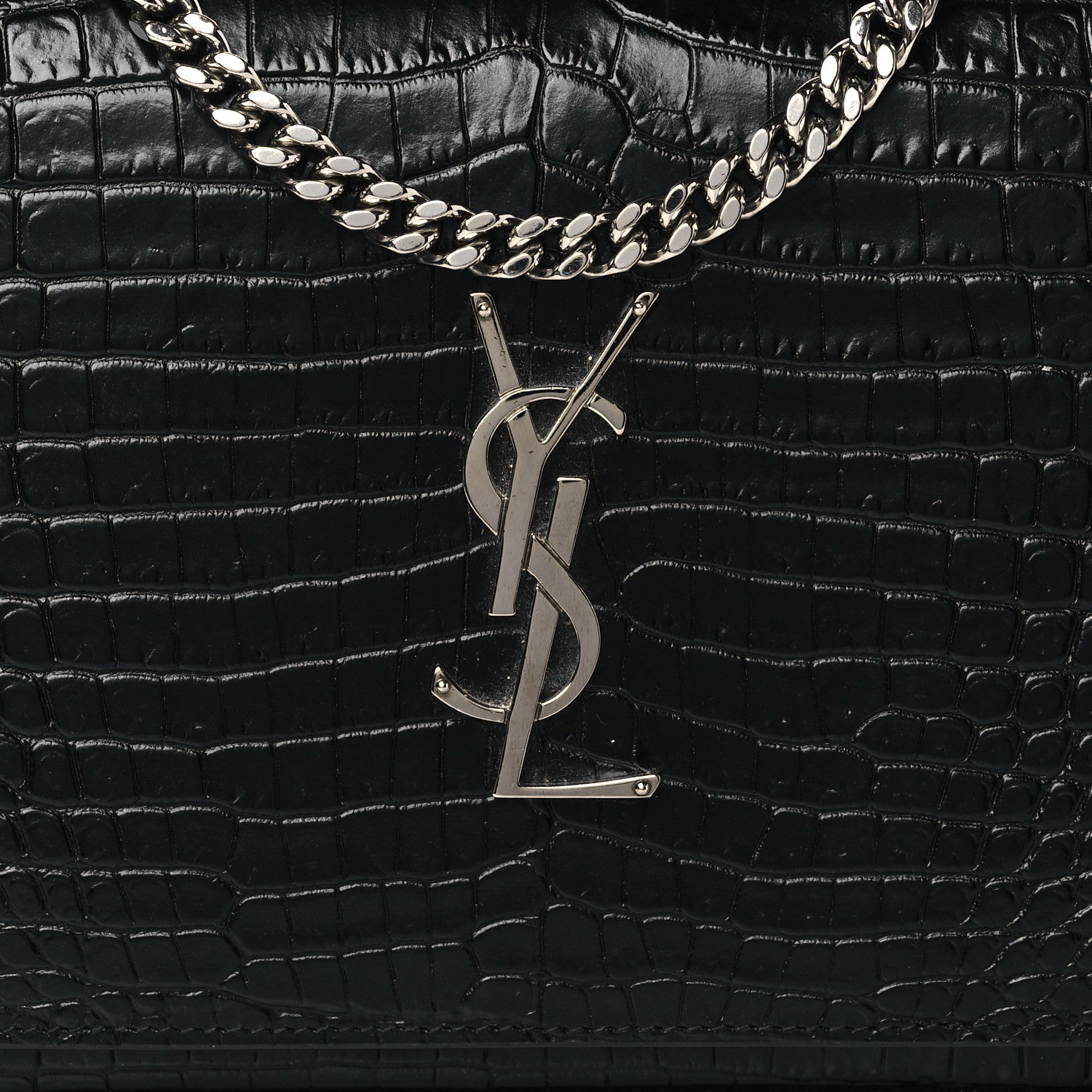 Saint Laurent Calfskin Crocodile Embossed Monogram Chain Wallet Black 8 of 10