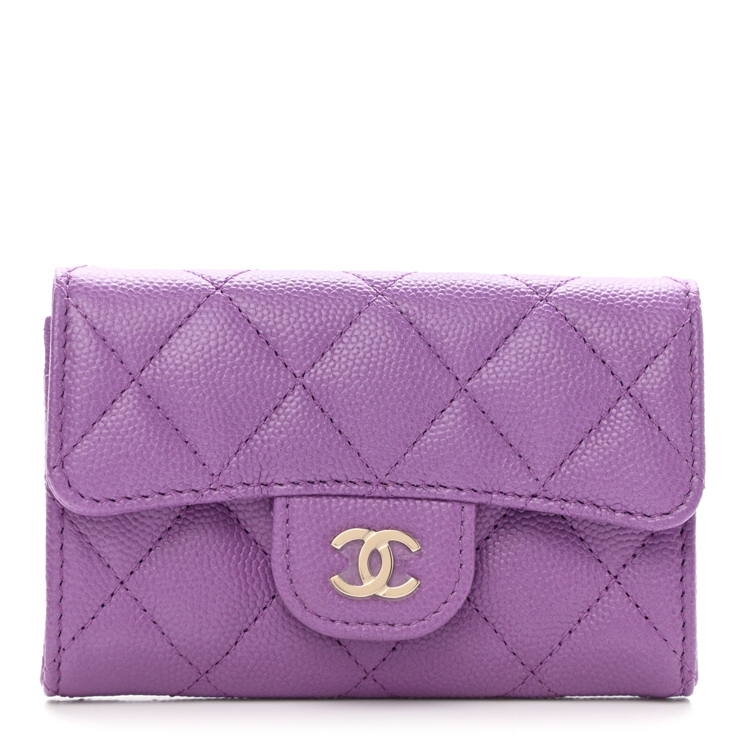 Caviar Quilted Flap Card Holder Wallet Purple