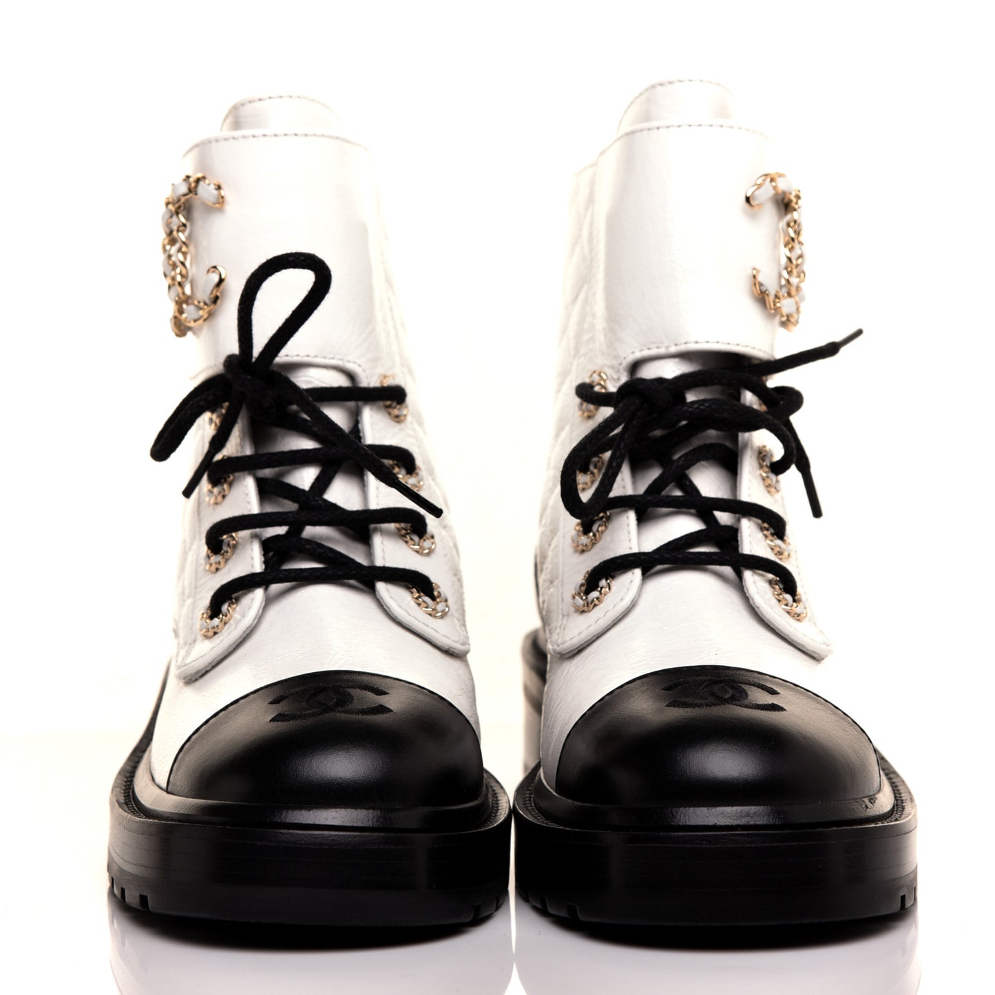 Shiny Goatskin Calfskin Quilted Lace Up Combat Boots 37 Black White