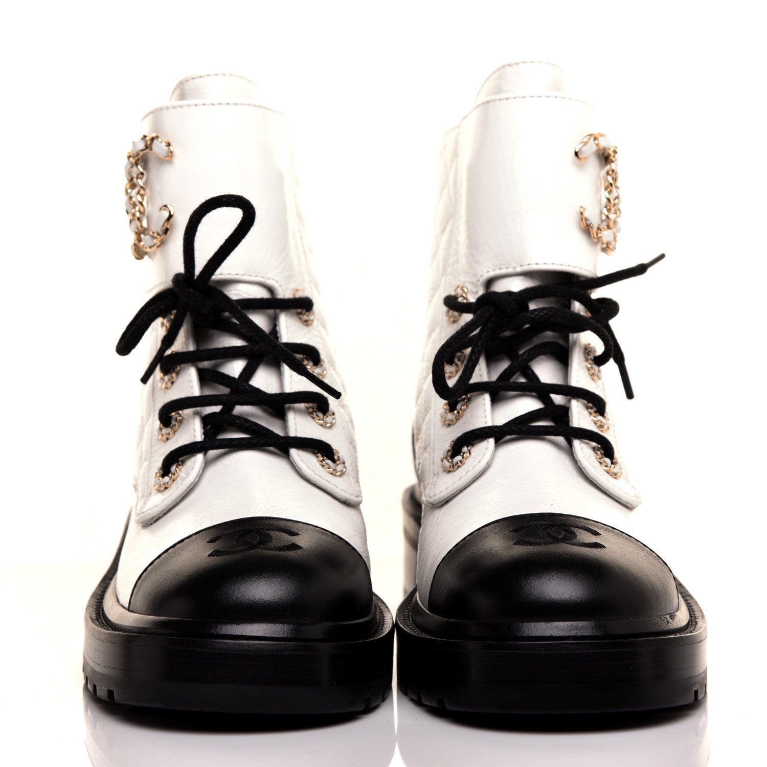 Chanel Shiny Goatskin Calfskin Quilted Lace Up Combat Boots 37 Black White 2 of 9