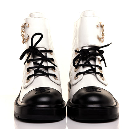 Chanel Shiny Goatskin Calfskin Quilted Lace Up Combat Boots 37 Black White 2 of 9