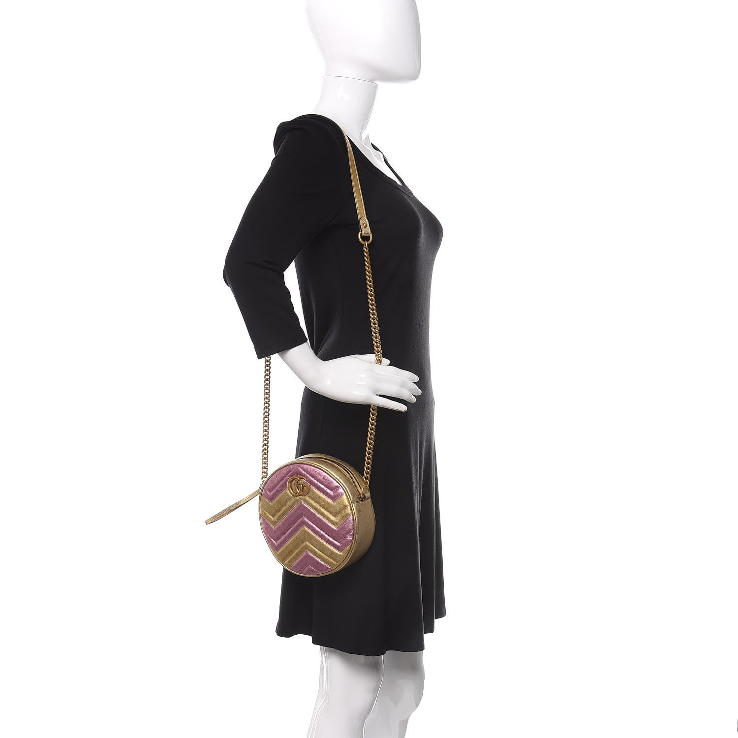 Gucci Metallic Calfskin Matelasse Mini GG Marmont Round Shoulder Bag Gold Pink 2 of 10
