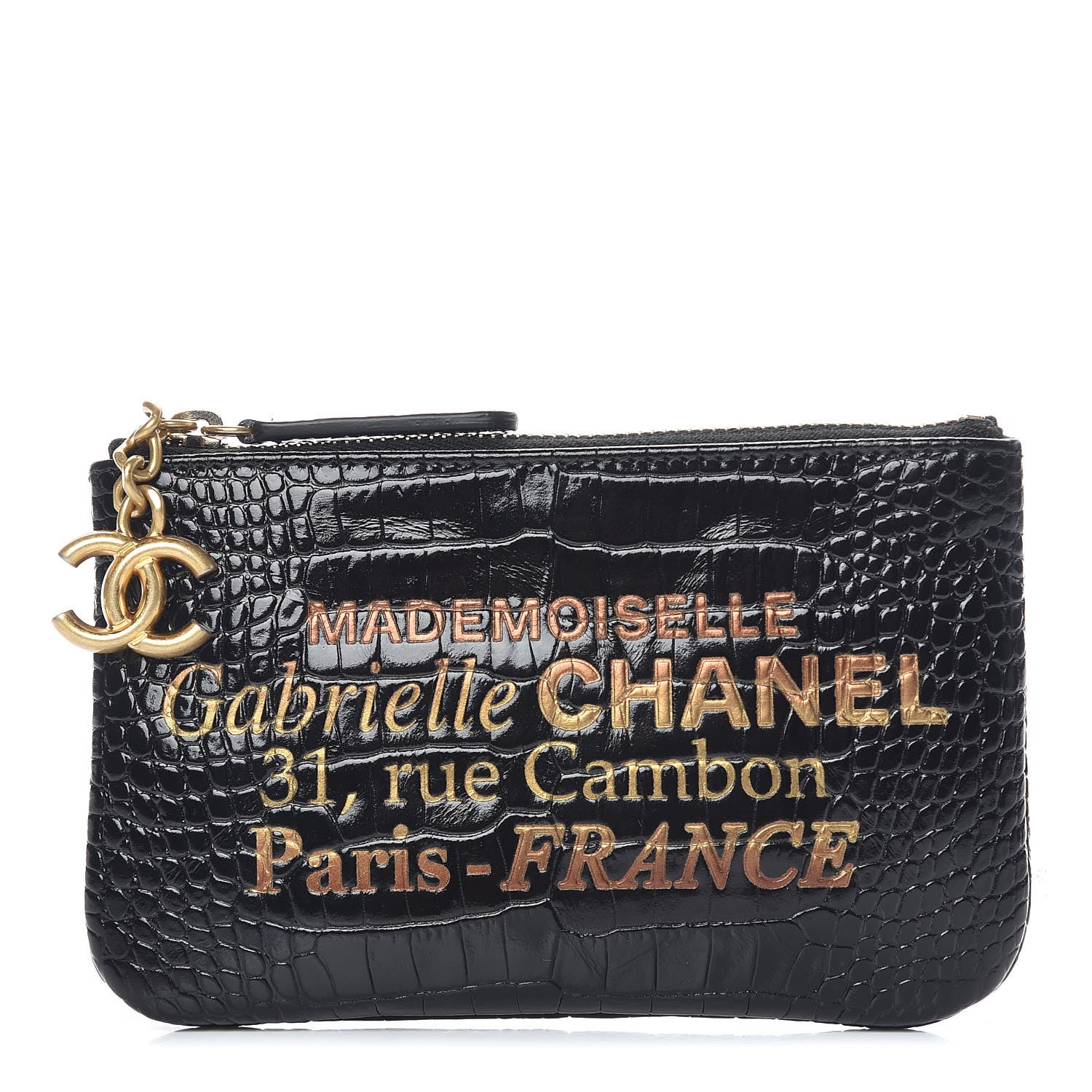 Chanel Calfskin Crocodile Embossed Cocodile Cosmetic Case Black Gold 1 of 10