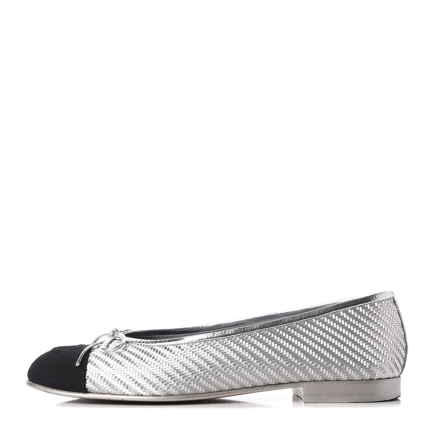 Metallic PVC Grosgrain Cap Toe Ballerina Flats 37.5 Silver Black