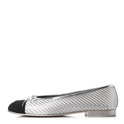 Chanel Metallic PVC Grosgrain Cap Toe Ballerina Flats 37.5 Silver Black 1 of 12