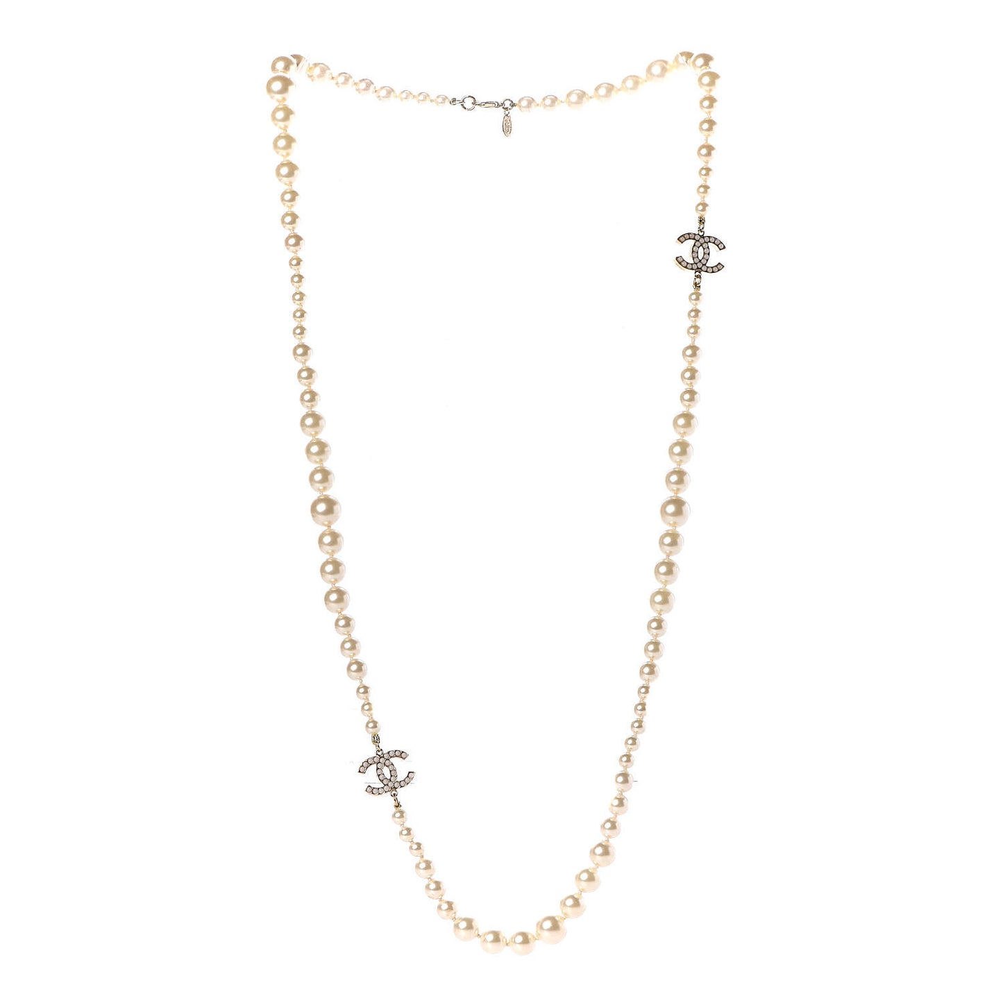 Graduated Pearl CC Long Necklace Light Gold