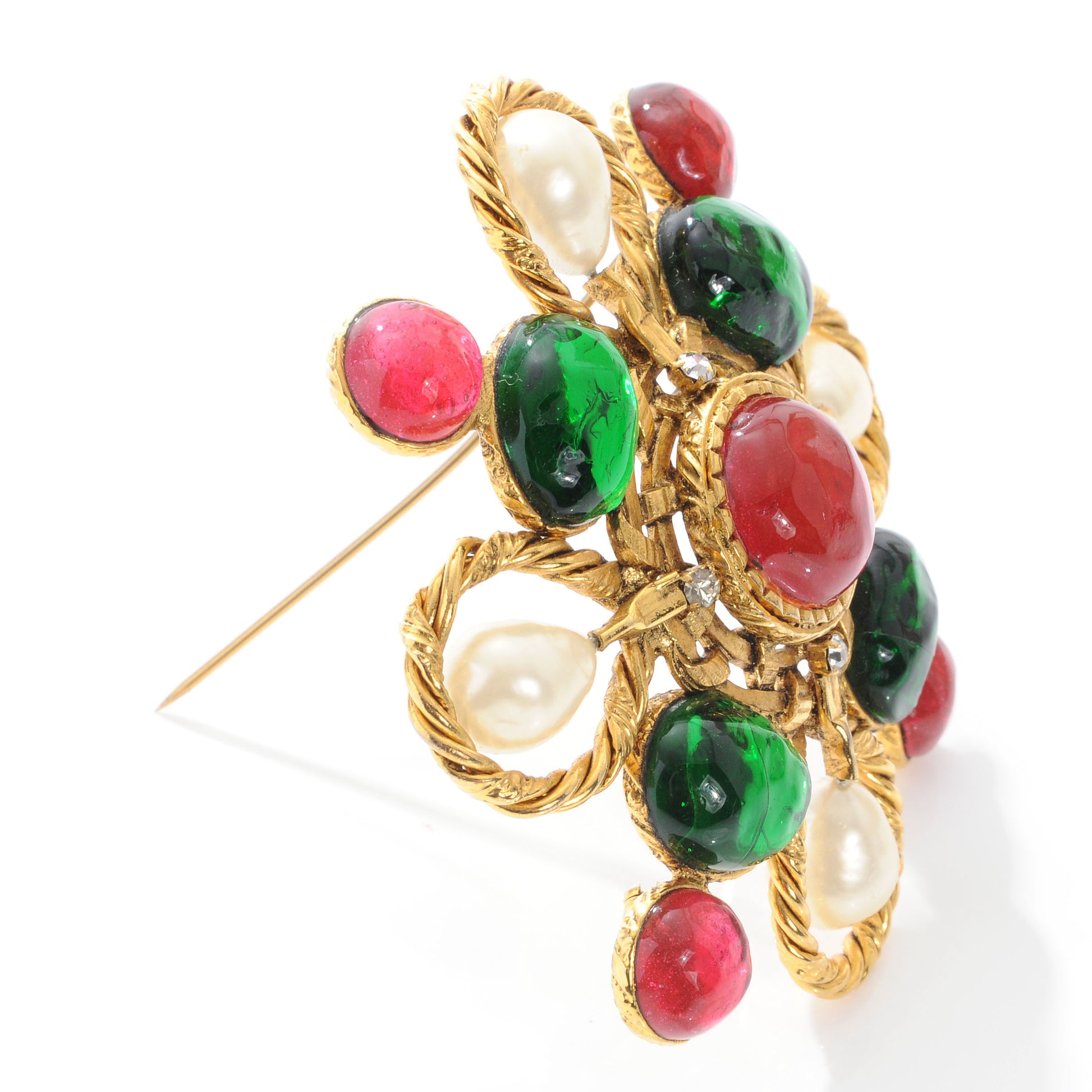 Chanel Gripoix Poured Glass Crystal Pearl Brooch Gold 4 of 7